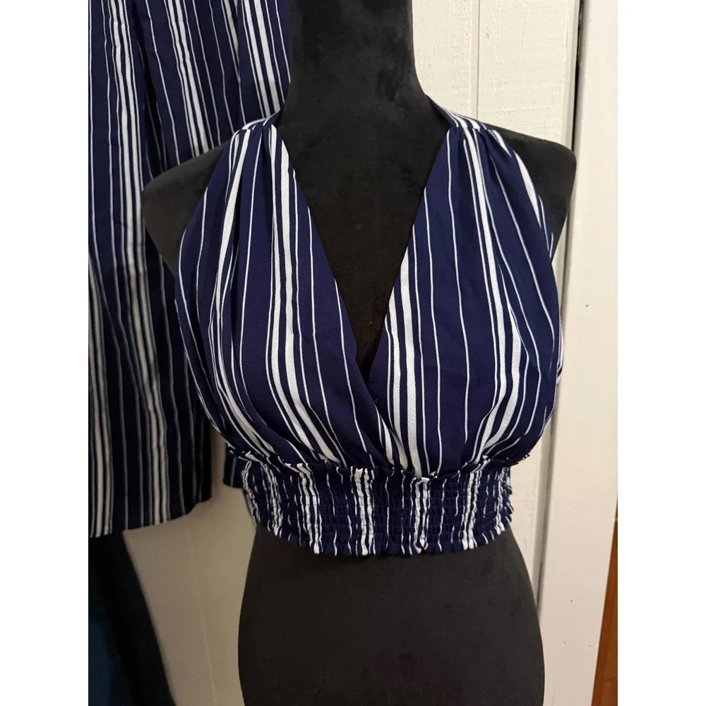 Favlux Fashion Navy White Striped 2 Piece Set Halter Crop Top Wide Leg Pants L